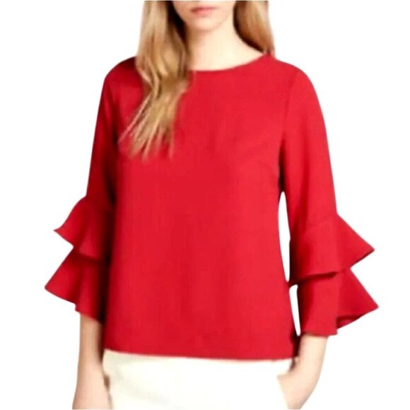 J Crew Shirt Women 00 Petite Red Crepe Lana Tiered Bell Sleeve Blouse NWT Preppy - Picture 1 of 14